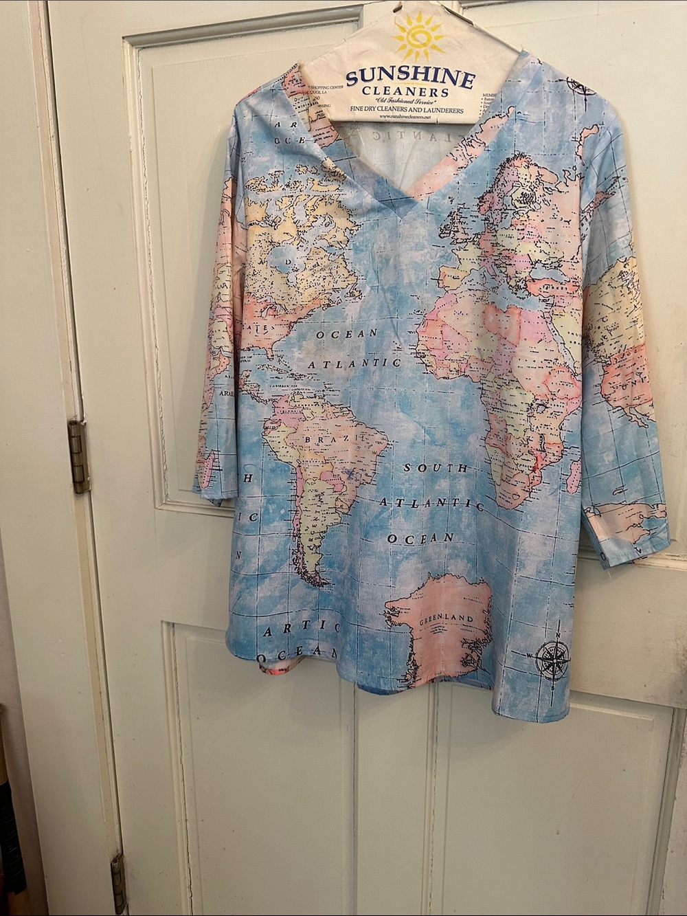MISSLOOK Map-Print V-Neck Tunic Top - Light Blue with Pink and Cream